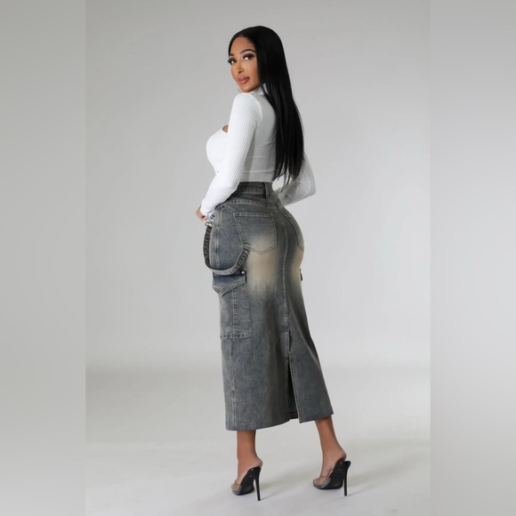 White Cutout Top and Gray Denim Skirt - Picture 3 of 3